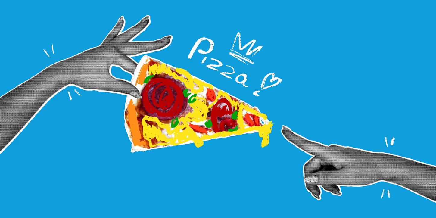 A creative pop-art style collage on a bright blue background. Two hands reach toward each other; one holds a detailed slice of pizza while the other points toward it. The word "Pizza" is written in white chalk-style script with a crown and a heart, symbolizing the mastery of a single specialty. The Art of Specialization: A Focus on the Best